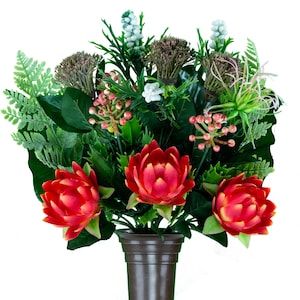 Mausoleum Flower Arrangement for Vase - Cemetery Flowers for Mausoleum Vase -  Red Bromeliad and Mixed Greenery Cemetery Arrangement