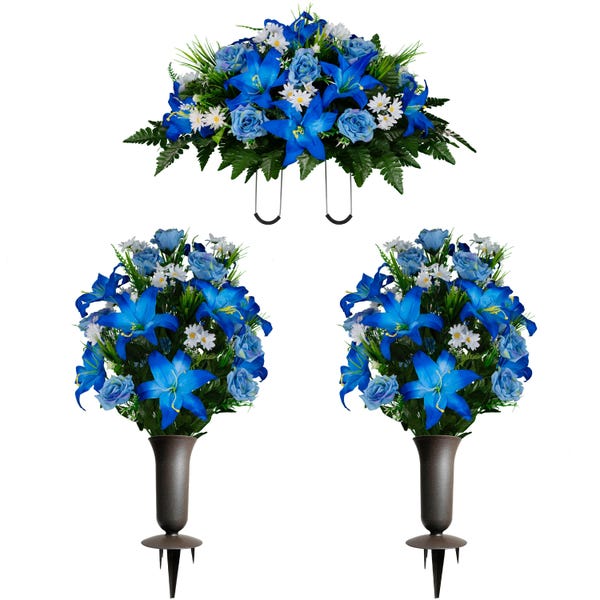 Blue Lilies, Roses, and White Daisies Cemetery Saddle and 2 Flower Arrangements Set with Vases Included - Artificial Cemetery Flowers