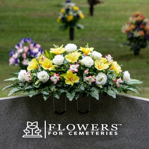 White Rose and Yellow Alstroemeria Cemetery Saddle - Silk Cemetery Flower Arrangement - Headstone Saddle