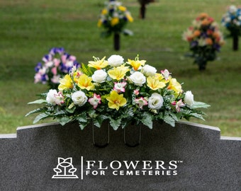 White Rose and Yellow Alstroemeria Cemetery Saddle - Silk Cemetery Flower Arrangement - Headstone Saddle (SD2441)