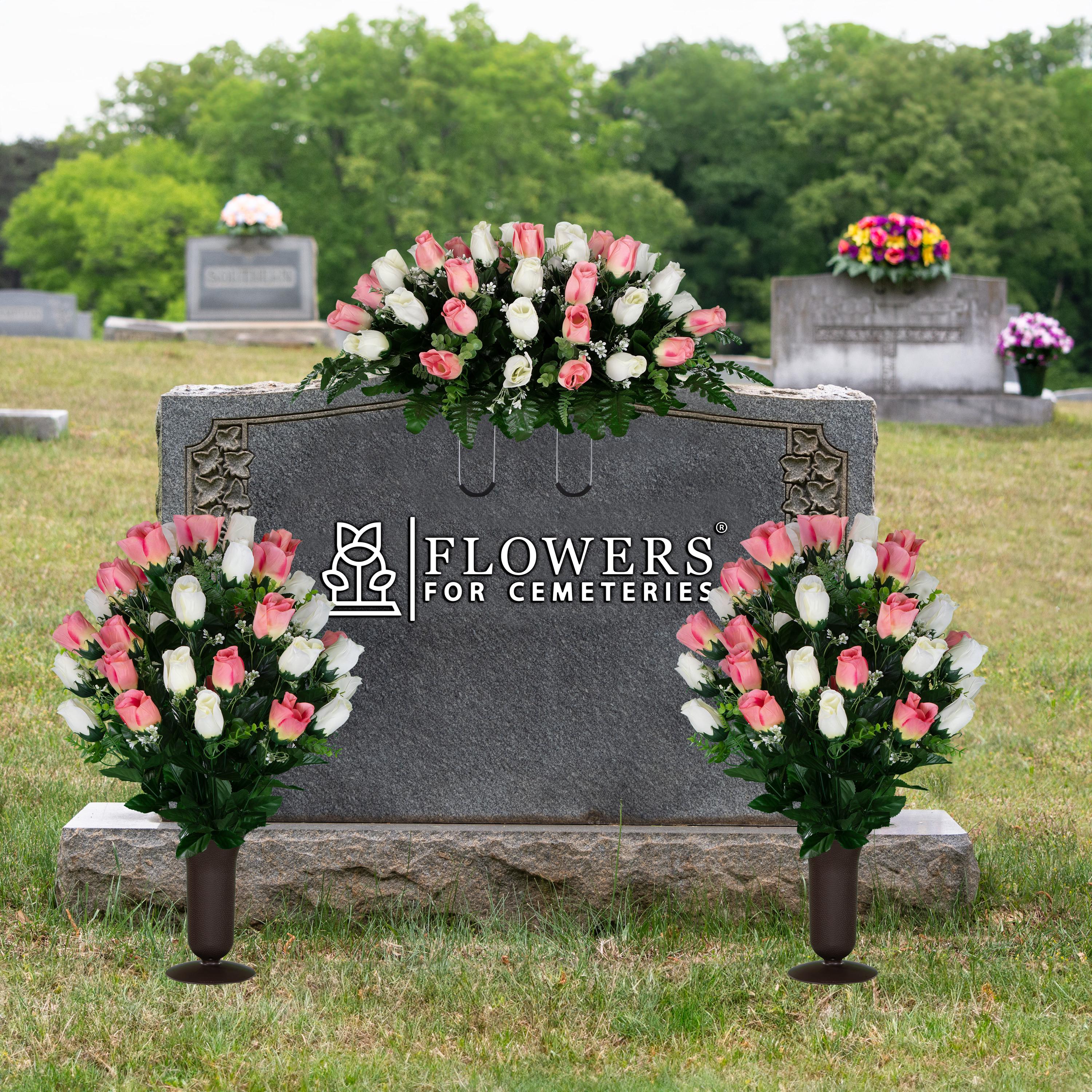 Pink & Cream Rose Bud Cemetery Saddle and Vase Flower Arrangement