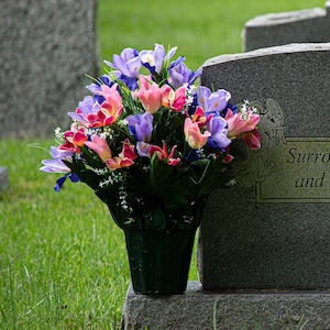 Cream Pink Tulips and Purple Iris Potted Silk Flower Cemetery Arrangement - Mothers Day Graveside Flowers in Weighted Pot