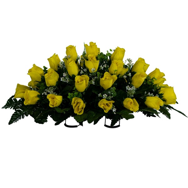 Yellow Rose Buds Cemetery Saddle - Spring Cemetery Arrangement - Yellow Artificial Cemetery Headstone Saddle (SD2837)