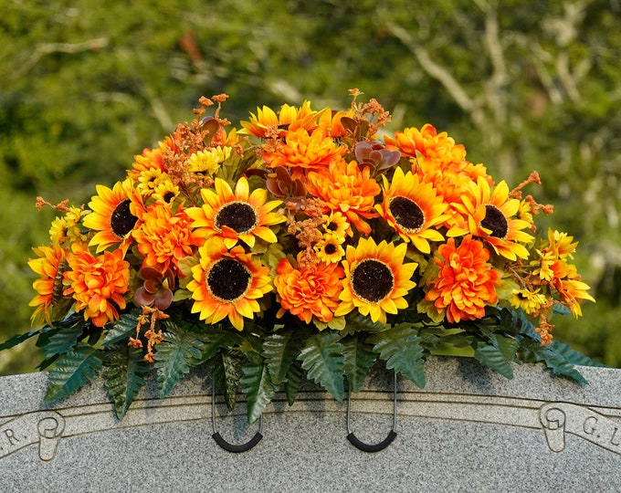 Fall Cemetery Saddle for Headstone Yellow Sunflower and Amber Mum
