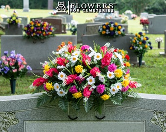 Pink and Yellow Wildflower Cemetery Saddle - Artificial Mothers Day Cemetery Flowers - Spring Headstone Saddle (SD2375)