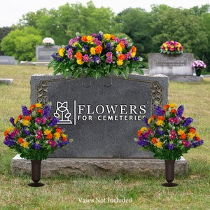 Spring Wildflower Cemetery Saddle and 2 Vase Arrangements - Purple and Orange Wildflowers - Artificial Summer Cemetery Flower Set