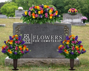 Spring Wildflower Cemetery Saddle and 2 Vase Arrangements - Purple and Orange Wildflowers - Artificial Summer Cemetery Flower Set
