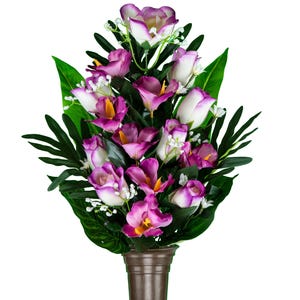 Purple and White Orchids and Roses Mausoleum Cemetery Arrangement for Vase - Cemetery Flowers for Mausoleum Vase