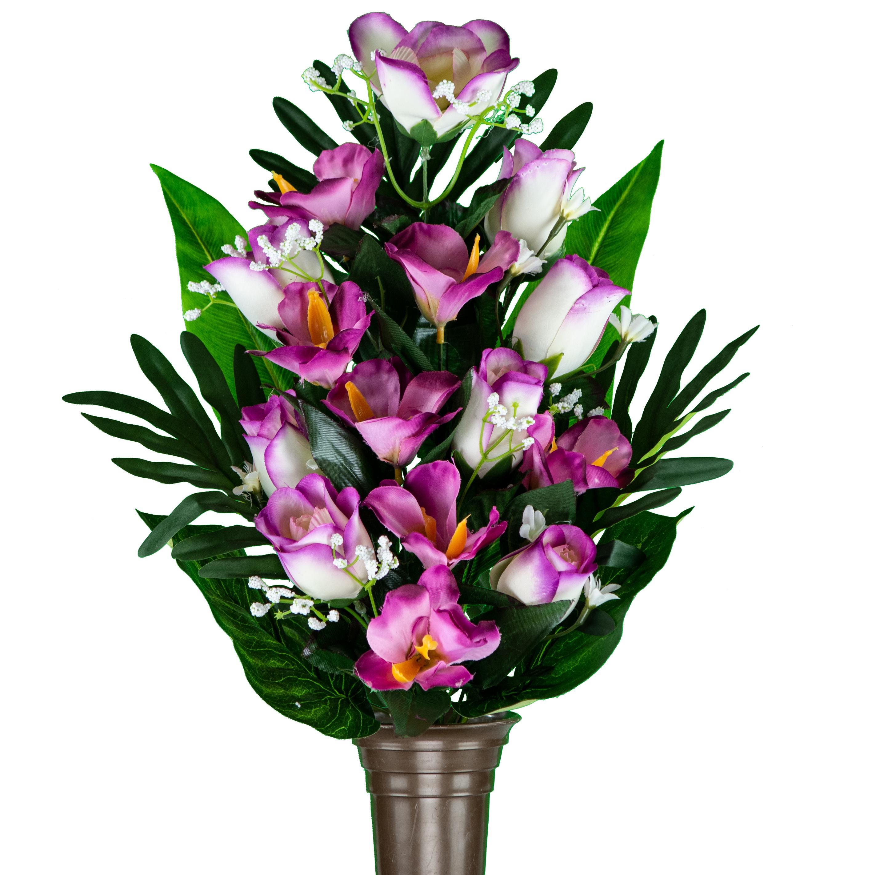 Purple and White Orchids and Roses Mausoleum Cemetery Arrangement for Vase - Cemetery Flowers for Mausoleum Vase