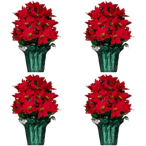 May include: Four potted poinsettias with vibrant red bracts and yellow centers. The plants are in green foil-wrapped pots, creating a festive holiday display. The image is set against a white background.