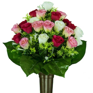 Pink and White Roses Mausoleum Cemetery Arrangement for Vase - Cemetery Flowers for Mausoleum Vase