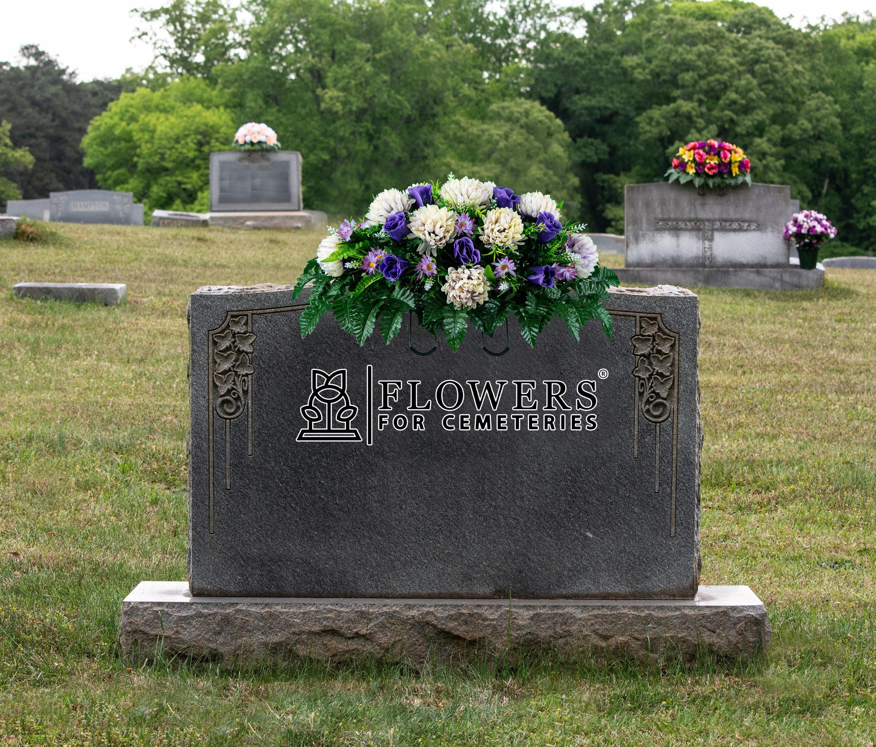 Lavender Cream Mum and Purple Rose Cemetery Saddle - Artificial Mothers Day Cemetery Headstone Arrangement (SD2542)