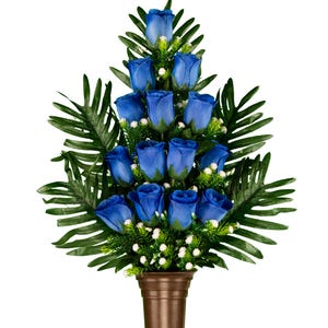 Blue Roses Mausoleum Flower Arrangement for Vase - Blue Roses and Palm Leaves - Cemetery Flowers for Mausoleum Vase