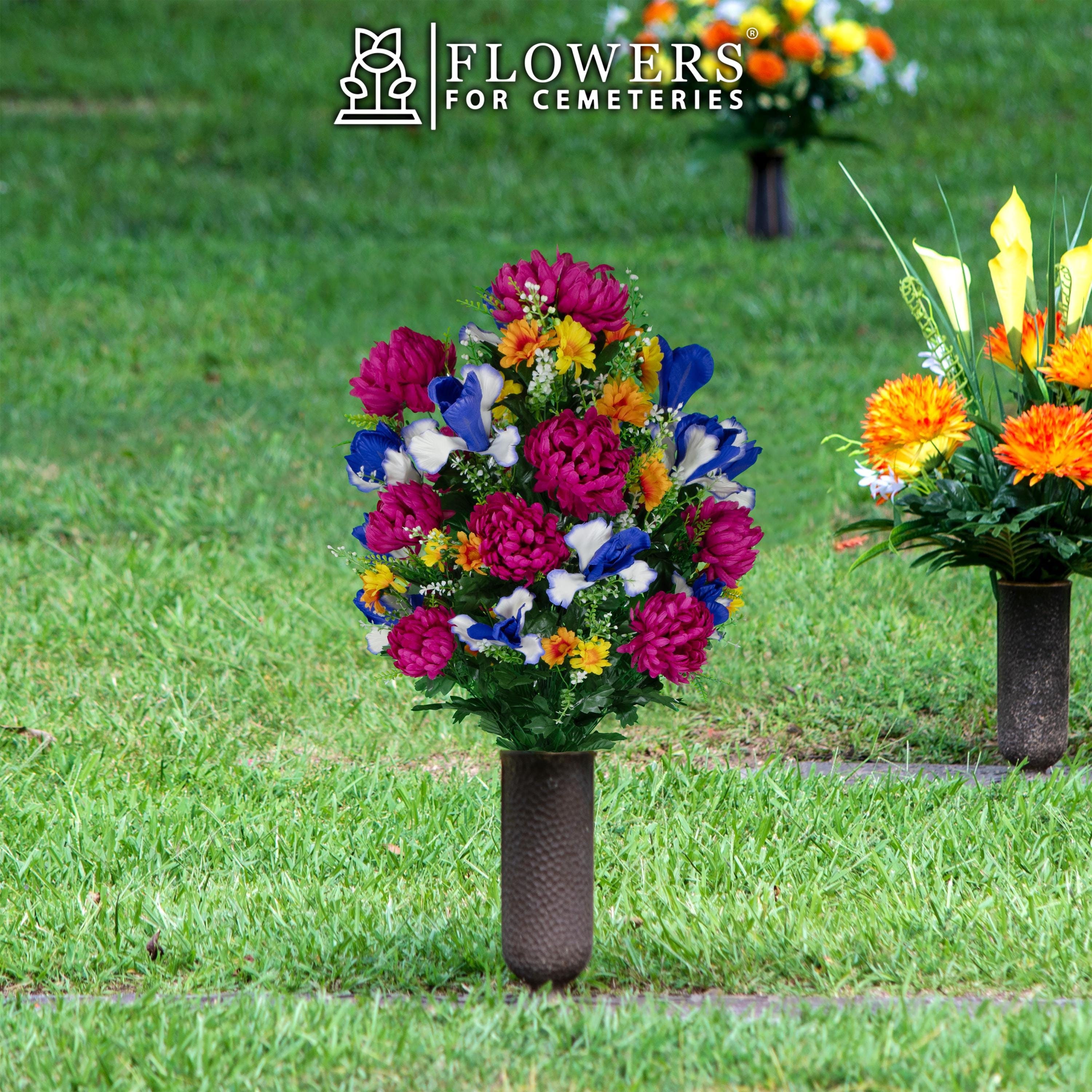 Fuchsia Mums & Blue Iris Cemetery Flowers – UV Resistant