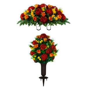Burgundy Mum and Orange Rose Cemetery Saddle and Flower Set with Vase - Summer and Fall Cemetery Flowers and Vase