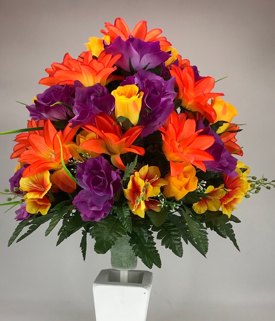 Purple, Orange, and Yellow Silk Flower Arrangement for Cemetery Vase