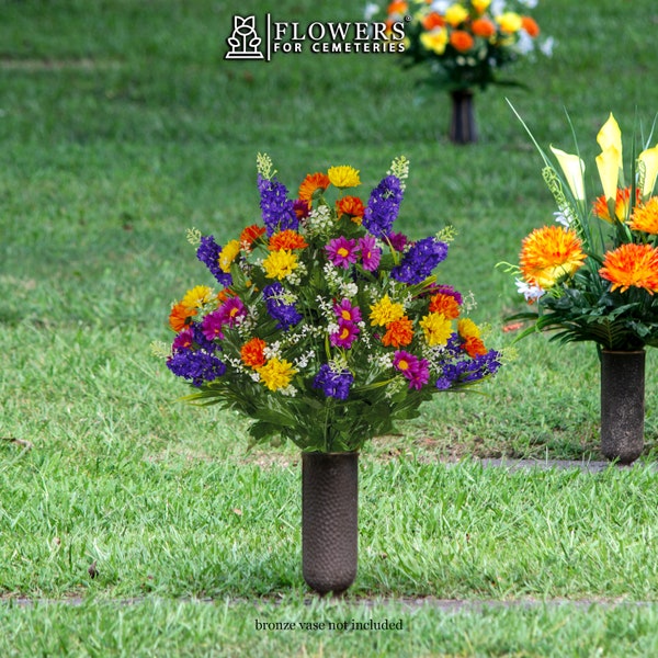 Purple Violet Yellow Wildflower Mix Cemetery Flowers for Vase - Artificial Flowers for Cemetery - Spring Wildflower Arrangement (MD2320)