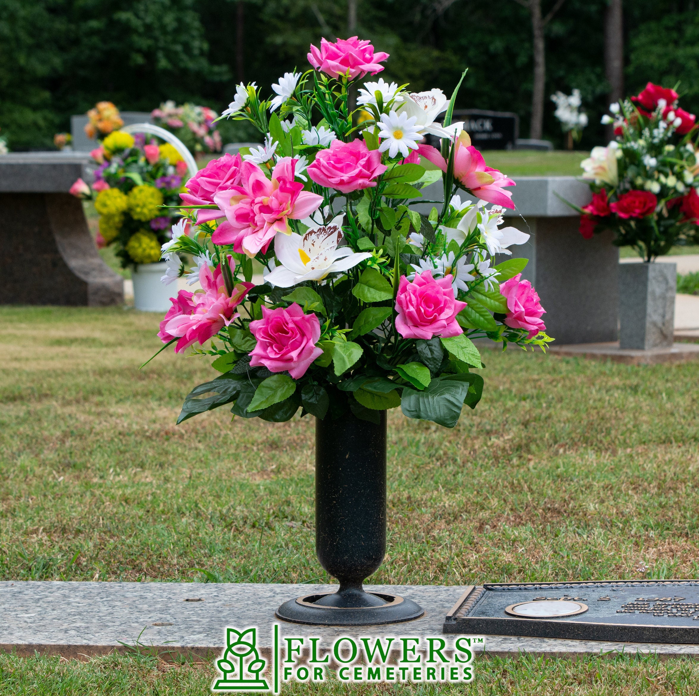 Mothers Day Artificial Silk Flowers Pink Spike Grave Vase Arrangement Memorial 