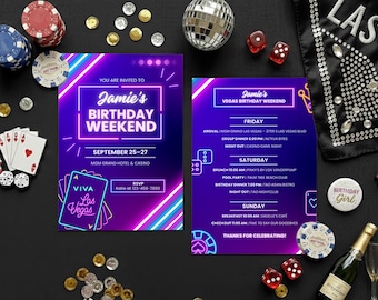 Vegas Birthday Weekend Invite + Itinerary | Neon Birthday Trip Template | Las Vegas Party Invitation | Editable Canva | 5x7 + Mobile