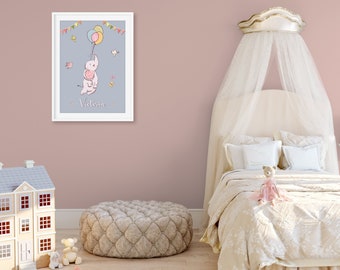 Elephant watercolour with balloon. CUSTOM INSTANT DOWNLOAD. For nursery, baby room, playroom, children's bedroom wall. Customise with name.