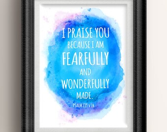 Bible Verse wall art. INSTANT DOWNLOAD: Christian wall art decor. Psalm139v14