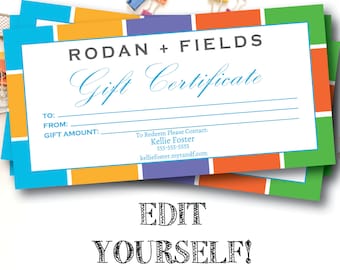 Rodan and Fields Editable Gift Certificate / Instant Download / Rodan + Fields / RF / 4 x 8 Digital File / Printable Gift Certificates