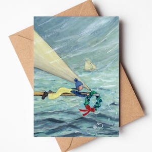 Greeting card, &#39;Christmas at Sea&#39;, sailing card, bowsprit, Christmas wreath