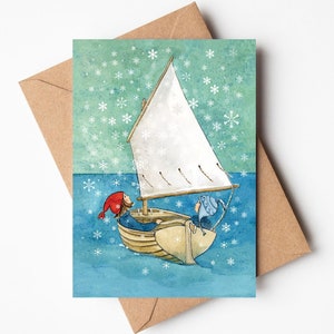 Biglietto di auguri, "A Wintry Sail", Leafy Dumas, fiocchi di neve, barca a vela, amicizia, cappello rosso