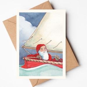 Möge der heilige Nikolaus die Pinne halten; Grüne Dumas Weihnachtskarte, nautischer Gruß, Weihnachtsmann, Santa, Segelboot, Weihnachten am Meer.