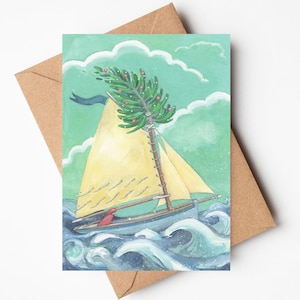 O Christmas Tree; Leafy Dumas Christmas card, Festive sailing boat, Xmas, Sailor, Christmas at Sea, Nautical Christmas, Wooden boat