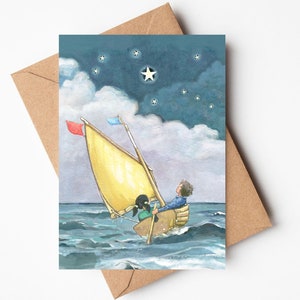 Stern der Wunder; Grüne Dumas Weihnachtskarte, Kleines Segelboot, Nautische Weihnachten, Maritime Illustration, Junge, Mädchen, Klinkerboot
