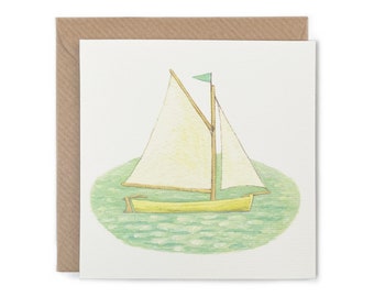 Greeting card, sailing boat, wooden boat, classic boat, traditional boat, yellow boat