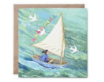 Girl in a boat; Leafy Dumas greeting card, any occasion, classic sailing, clinker boat,