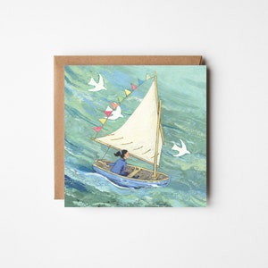 Large greeting card, 'Girl in a Boat', classic sailing, clinker boat, dinghy, sea, birds, bunting
