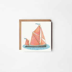 Small greeting card, Thames barge, sailing boat, wooden boat, classic boat, traditional boat, red sails