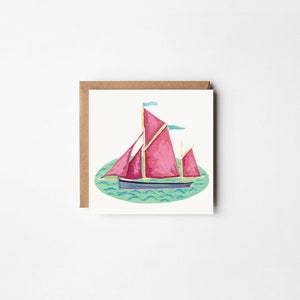 Kleine wenskaart, diepzeeklap, werkende boot, houten boot, klassieke boot, traditionele boot, rode zeilen