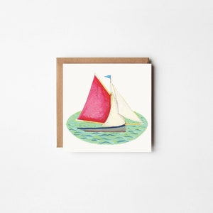 Kleine wenskaart, oestersmak, houten boot, werkboot, klassieke boot, traditionele boot, rode zeilen
