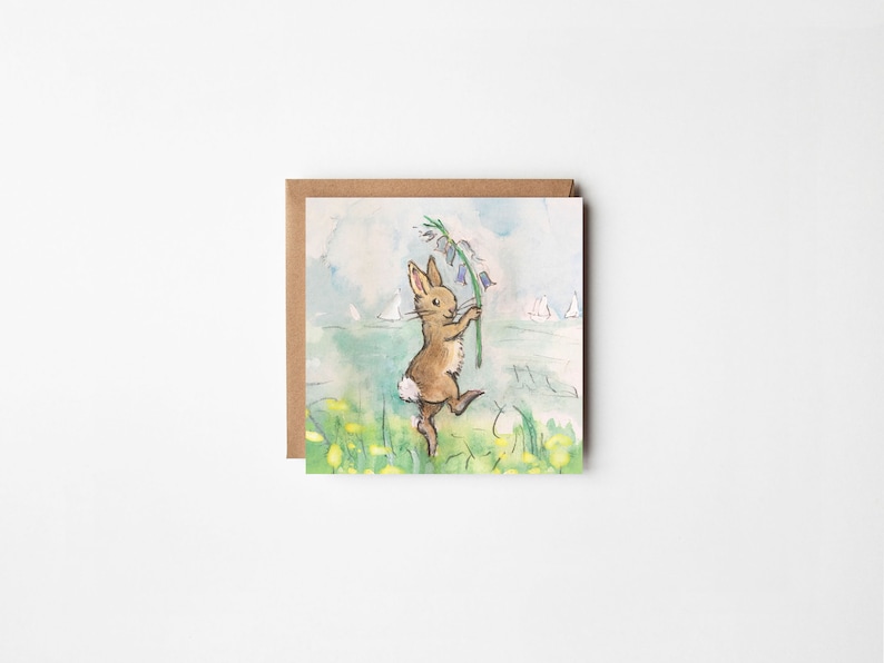 Small greeting card, 'Springtime', bunny rabbit, flower, notelet image 1