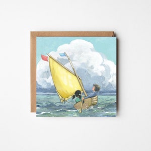 Grote wenskaart, 'Onward', elke gelegenheid, klassieke zeilillustratie, sloep, jongen en meisje