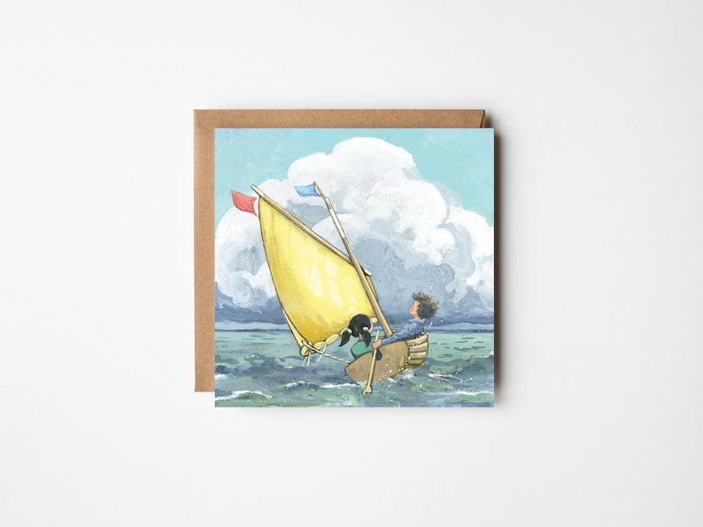 Large greeting card, 'Onward', any occasion, classic sailing illustration, clinker dinghy, boy and girl zdjęcie 1