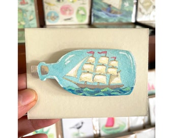 Fridge magnet, 'Ship in a Bottle', handpainted, wooden, decorative nautical magnet