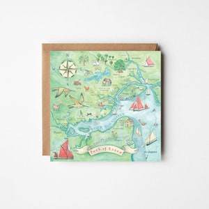Tarjeta de felicitación grande, 'Parte de Essex', mapa ilustrado, río Blackwater, isla Mersea, barcos de vela, costa este