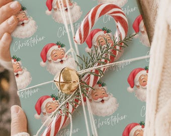 Vintage Santa Christmas Wrapping Paper, Green/Mint Personalized Gift Wrap, Retro Santa Personalized Holiday Gift Wrap, Custom Name Gift Wrap