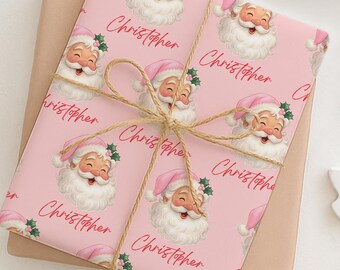 Vintage Santa Christmas Wrapping Paper - Pink Personalized Gift Wrap - Retro Santa Personalized Holiday Gift Wrap - Custom Name Gift Wrap