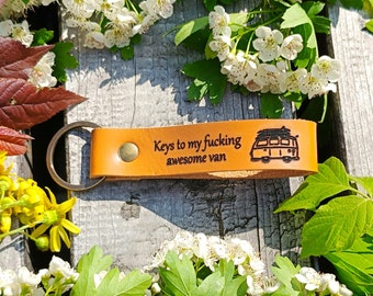 Keys To My Fucking Awesome Van Keychain, Personalised Leather Keyring, Laser Etched, Camper Gift, Camper Van, Camping Lover, Funny Camping