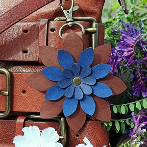 Brown And Cobalt Premium Leather Flower Purse Charm, 8 Styles, Vegetable Tanned Italian Leather Purse Bag Charm, Purple, Turquoise, Emerald