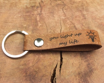 You Light Up My Life Keychain, Personalised Leather Keyring, Laser Etched, Valentine's Day, Lineman Gift, Gift For Electrician, Lightbulb