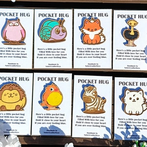 Câlins de poche animaux mignons, hibou, escargot, renard, autruche, zèbre, cadeau tu m'as manqué, petit ami en bois découpé au laser peint à la main, je pense à vous, souvenir