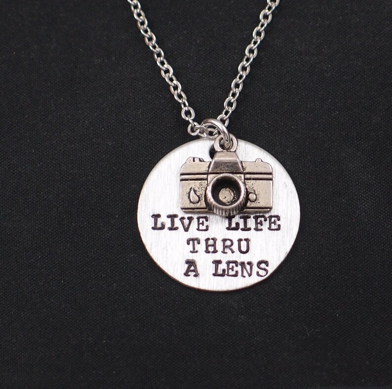 hand stamped necklace with camera charm photographer camera quotes camera charm Live Life Thru A Lens necklace