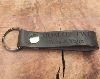 Custom Family Name / Mom Of Two Keychain, Thick Premium Leather Keyring, Personalised, Laser Etched, Mummy Of 2 Gifts, Momlife, Kids Names